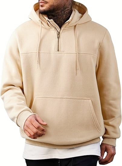 Férfi fleece-béléssel kapucnis pulóver fél cipzárral, laza szabás, álló gallér, őszi-téli, amerikai retro stílus