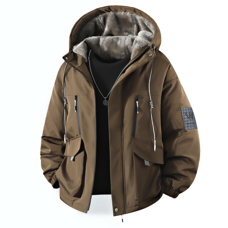 Férfi téli dzseki fleece béléses, vastagított, kapucnis, laza szabású, meleg