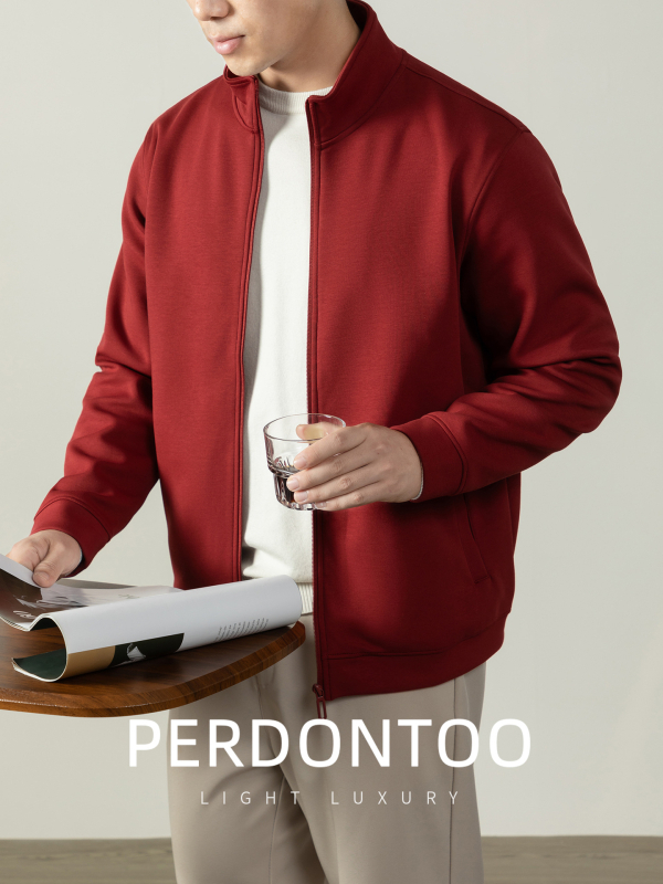 Férfi kardigán álló gallérral és cipzárral, puha tapintású 400 g pamut, téli casual elegáns