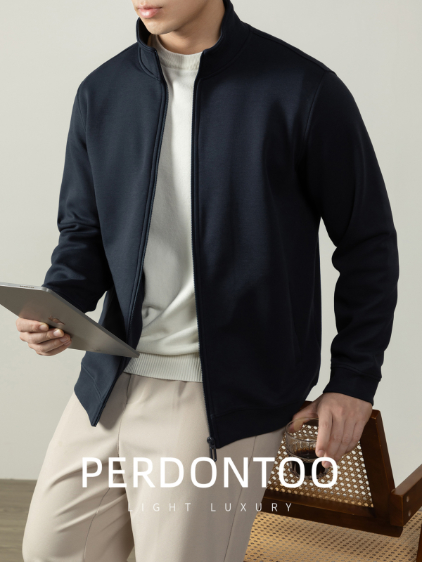 Férfi kardigán álló gallérral és cipzárral, puha tapintású 400 g pamut, téli casual elegáns