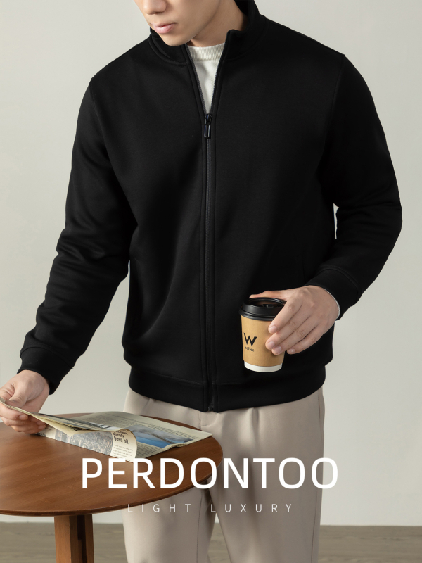 Férfi kardigán álló gallérral és cipzárral, puha tapintású 400 g pamut, téli casual elegáns