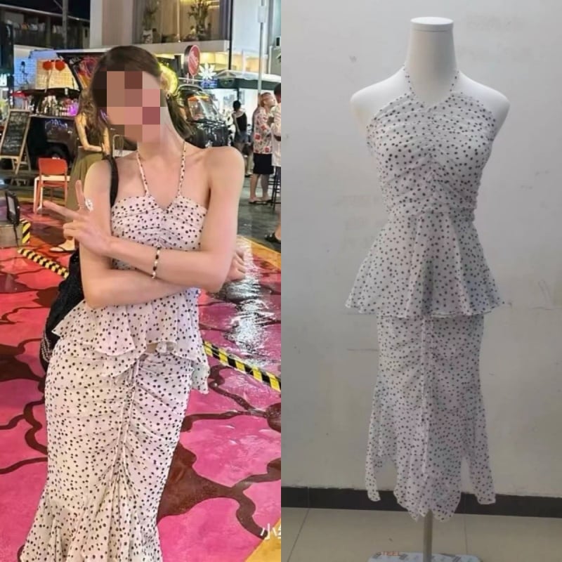 Dva dijela kompleta: halter top s točkicama i dugom suknjom do koljena, ljetni plažni outfit za žene