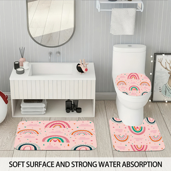 Set accesorii baie pentru copii cu curcubeu: perdea de duș personalizată, covoraș de baie absorbant, capac de toaletă, covoraș de podea în formă de U, separator de baie