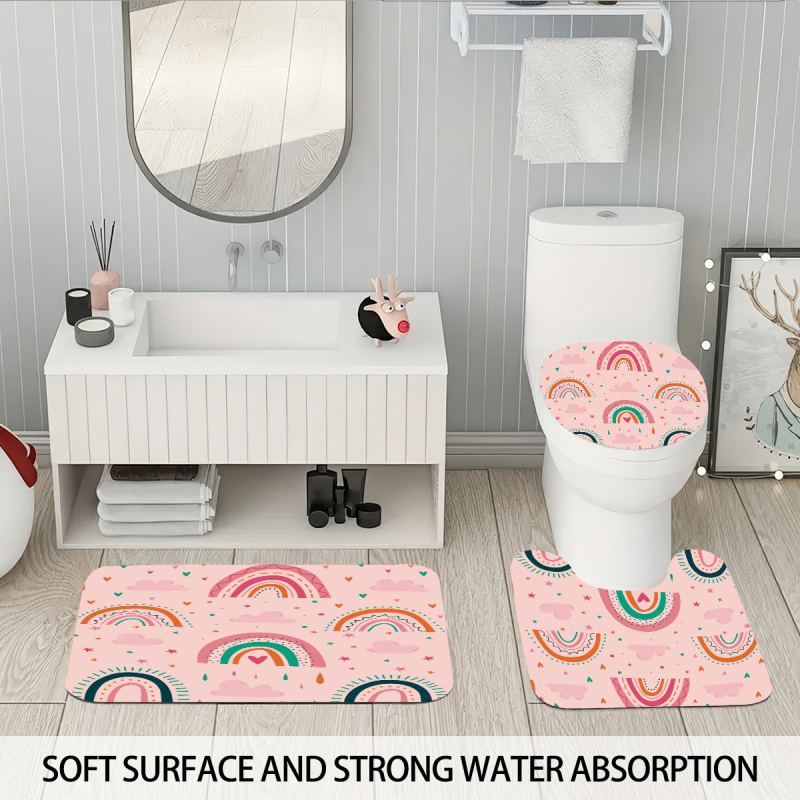 Set accesorii baie pentru copii cu curcubeu: perdea de duș personalizată, covoraș de baie absorbant, capac de toaletă, covoraș de podea în formă de U, separator de baie