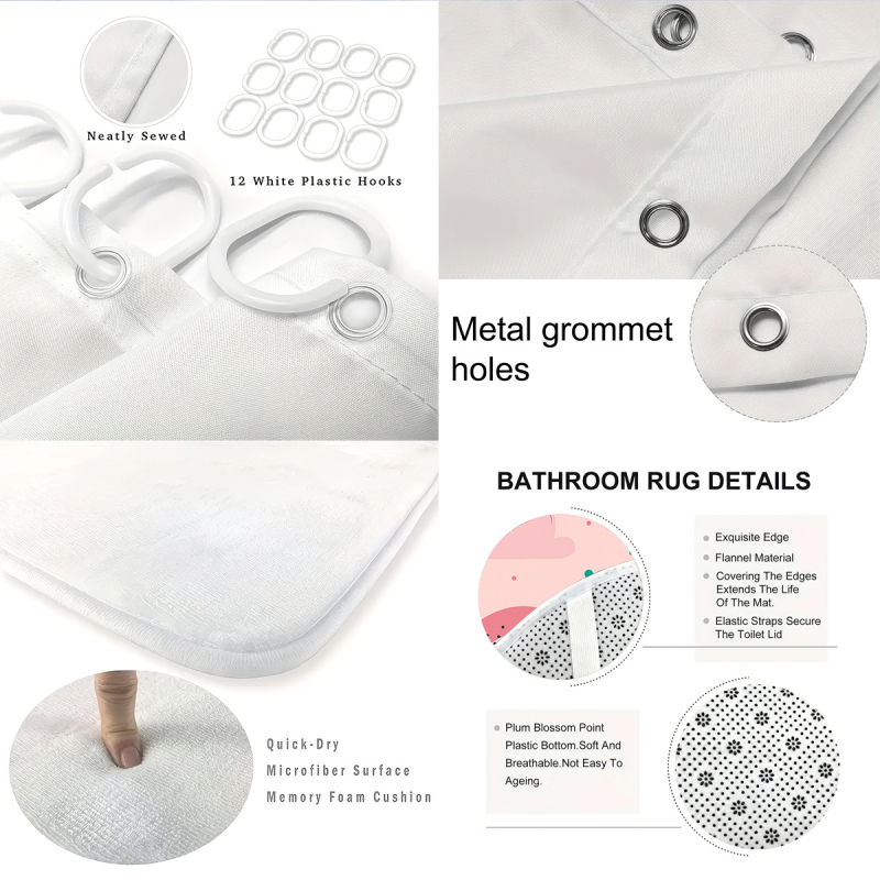 Set accesorii baie pentru copii cu curcubeu: perdea de duș personalizată, covoraș de baie absorbant, capac de toaletă, covoraș de podea în formă de U, separator de baie