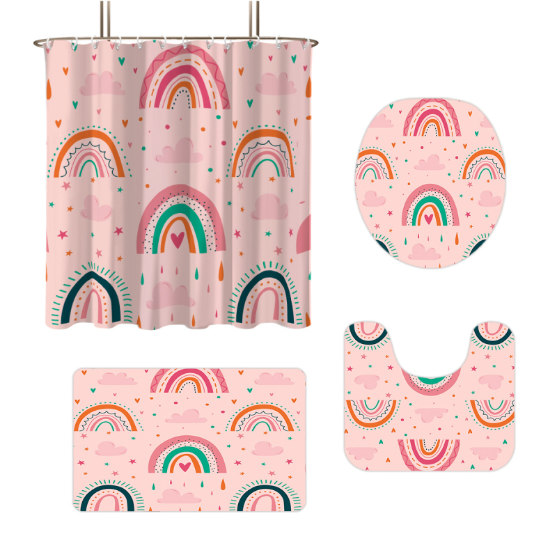 Set accesorii baie pentru copii cu curcubeu: perdea de duș personalizată, covoraș de baie absorbant, capac de toaletă, covoraș de podea în formă de U, separator de baie