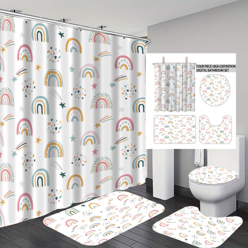 Set accesorii baie pentru copii cu curcubeu: perdea de duș personalizată, covoraș de baie absorbant, capac de toaletă, covoraș de podea în formă de U, separator de baie