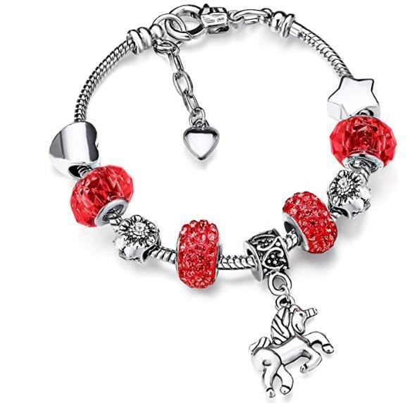 Детска гривна с висулка Еднорог, дизайн змийски кости и мъниста с големи отвори