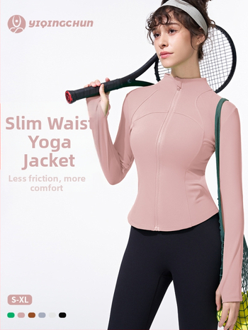 Dámska jarná–letná fitness bunda, úzky strih, vetru-odolná, stojací golier, zips, dlhé rukávy, na jogu