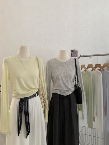 Omalai Round-Neck Five-Line Cashmere Lyocell Μονόχρωμο Μακρυμάνικο Βασικό T-shirt με Προστασία από τον Ήλιο 4151