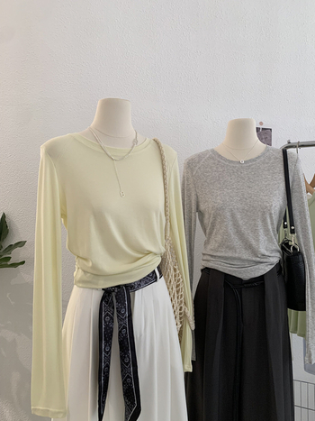 Omalai Round-Neck Five-Line Cashmere Lyocell Μονόχρωμο Μακρυμάνικο Βασικό T-shirt με Προστασία από τον Ήλιο 4151