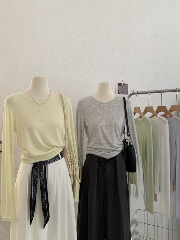 Omalai Round-Neck Five-Line Cashmere Lyocell Μονόχρωμο Μακρυμάνικο Βασικό T-shirt με Προστασία από τον Ήλιο 4151