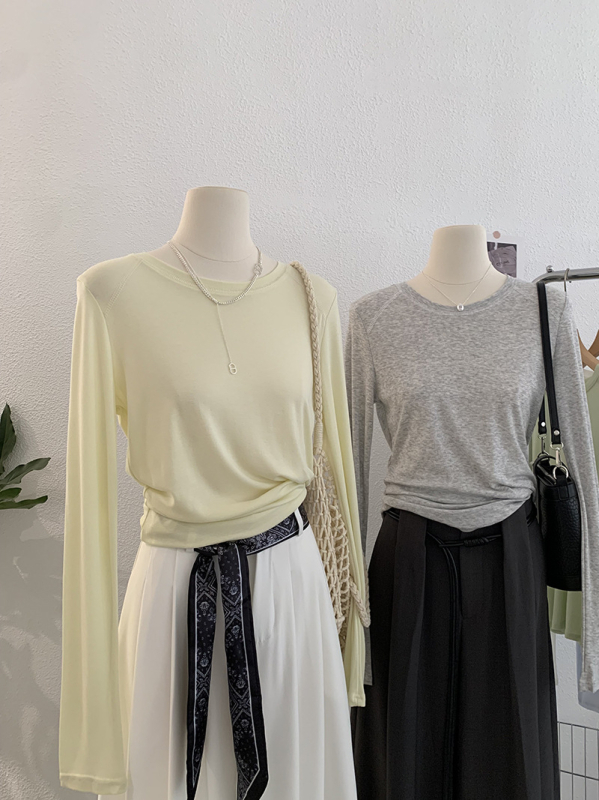 Omalai Round-Neck Five-Line Cashmere Lyocell Μονόχρωμο Μακρυμάνικο Βασικό T-shirt με Προστασία από τον Ήλιο 4151