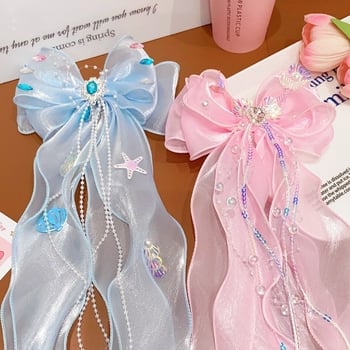 Gyerekeknek készült hajtű masnival, szalaggal és fátyollal — Sellő hercegnő, 3D bojtdísz