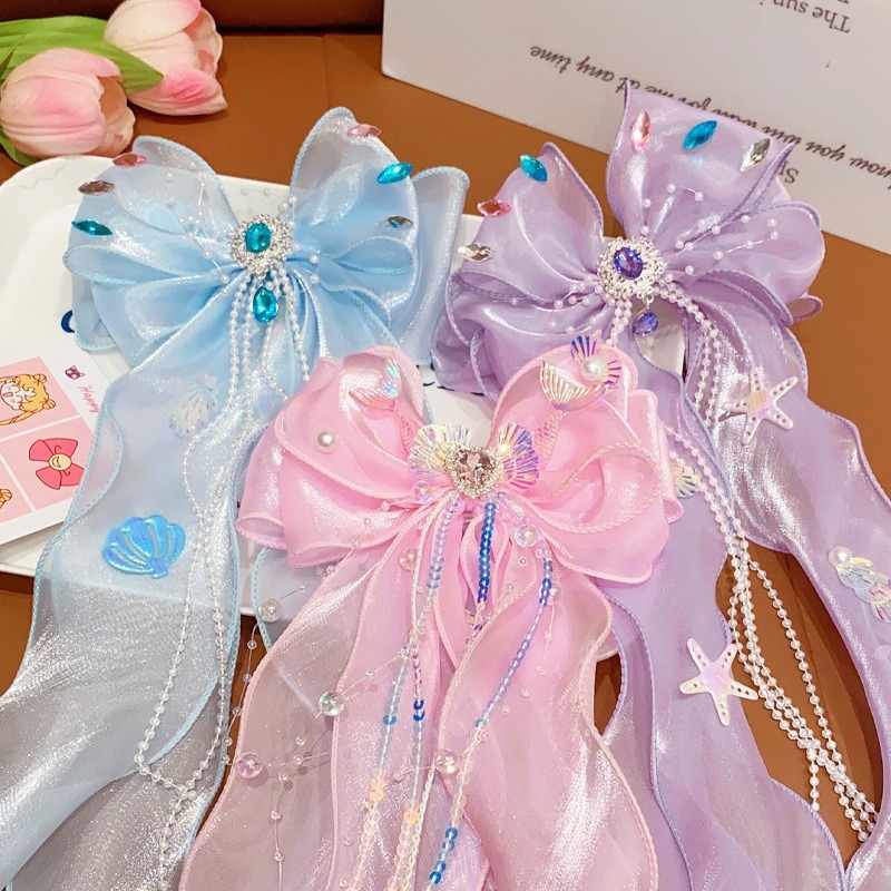 Gyerekeknek készült hajtű masnival, szalaggal és fátyollal — Sellő hercegnő, 3D bojtdísz
