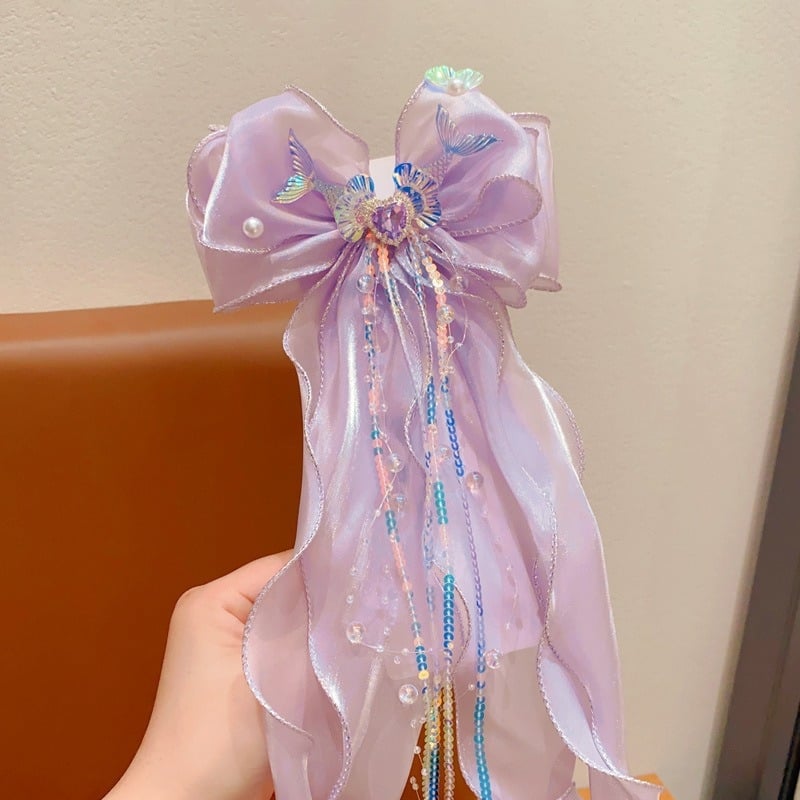 Gyerekeknek készült hajtű masnival, szalaggal és fátyollal — Sellő hercegnő, 3D bojtdísz