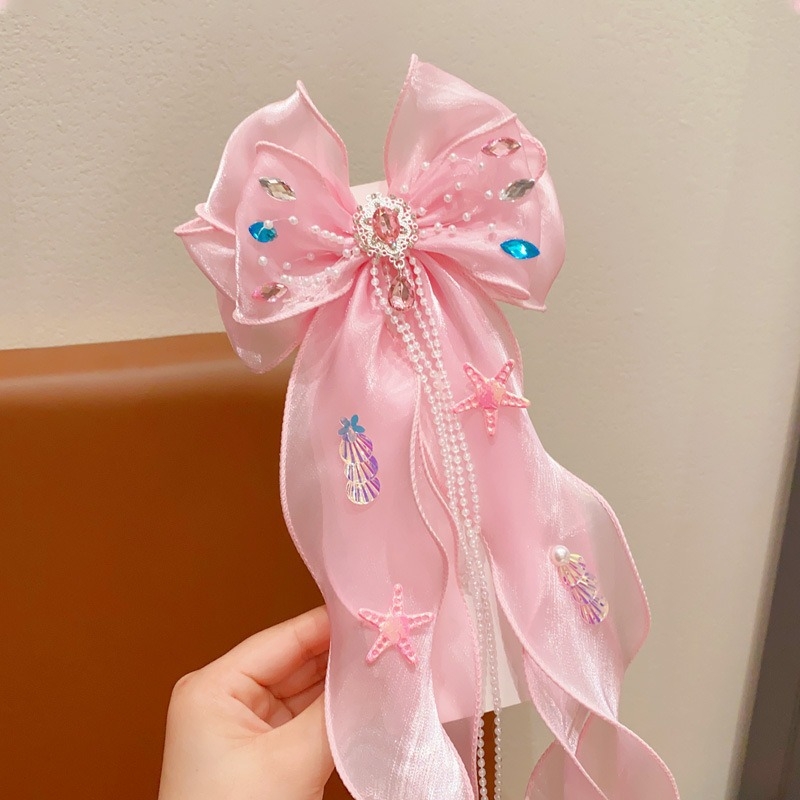 Gyerekeknek készült hajtű masnival, szalaggal és fátyollal — Sellő hercegnő, 3D bojtdísz