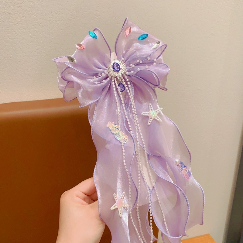 Gyerekeknek készült hajtű masnival, szalaggal és fátyollal — Sellő hercegnő, 3D bojtdísz