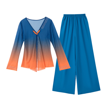 Ženski set za prakse plesnog plesa u klasičnom stilu, elegantan i mršav kroj, s kristalima, prozirna mrežasta bluza i hlače za kvadratni ples