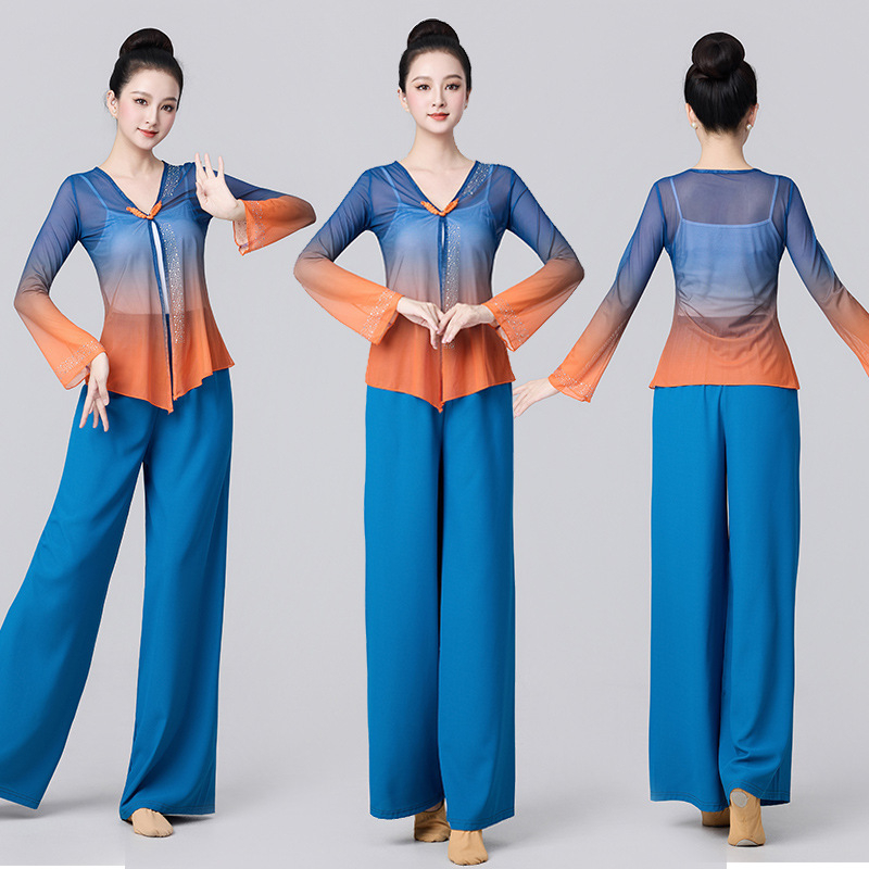 Ženski set za prakse plesnog plesa u klasičnom stilu, elegantan i mršav kroj, s kristalima, prozirna mrežasta bluza i hlače za kvadratni ples