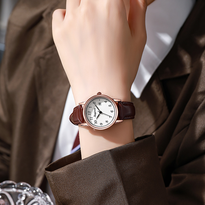 Novi ženski sat u korejskom stilu, minimalistički retro dizajn, okrugli kožni remen, kalendar, kvarc