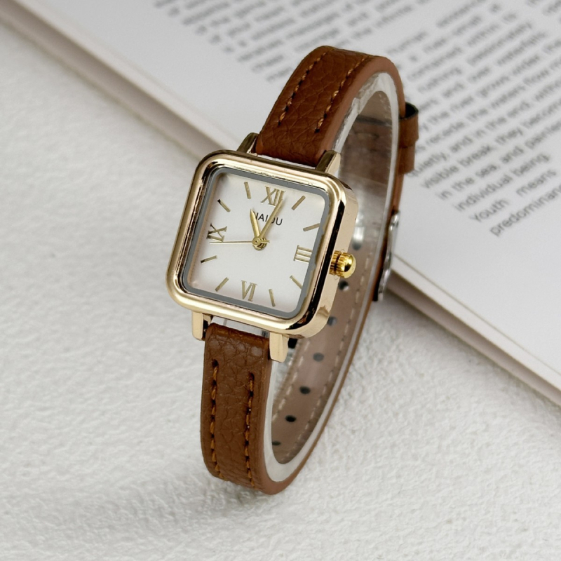 Női kvarc karóra retro stílusban, barna négyzet alakú számlappal, elegáns, könnyű luxus dizájn