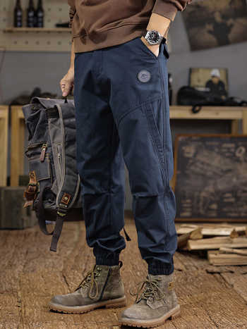 Férfi őszi-téli patchwork munkaruházat stílusú jogger nadrág, 100% pamut, vastag fleece belső, laza szabás, plusz méret