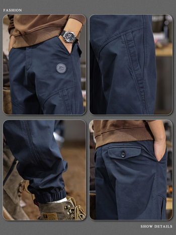 Férfi őszi-téli patchwork munkaruházat stílusú jogger nadrág, 100% pamut, vastag fleece belső, laza szabás, plusz méret