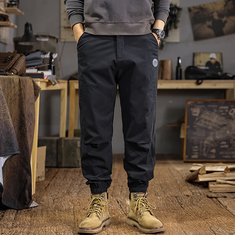 Férfi őszi-téli patchwork munkaruházat stílusú jogger nadrág, 100% pamut, vastag fleece belső, laza szabás, plusz méret