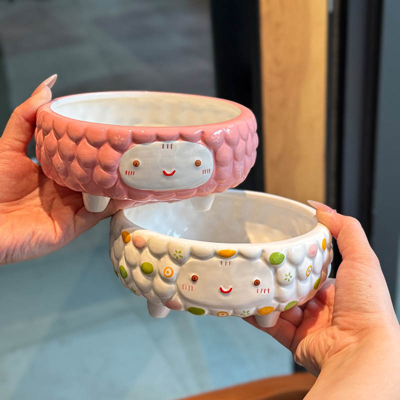 Aranyos bárány motívumú magas porcelán etető- és itatál macskáknak és kutyáknak