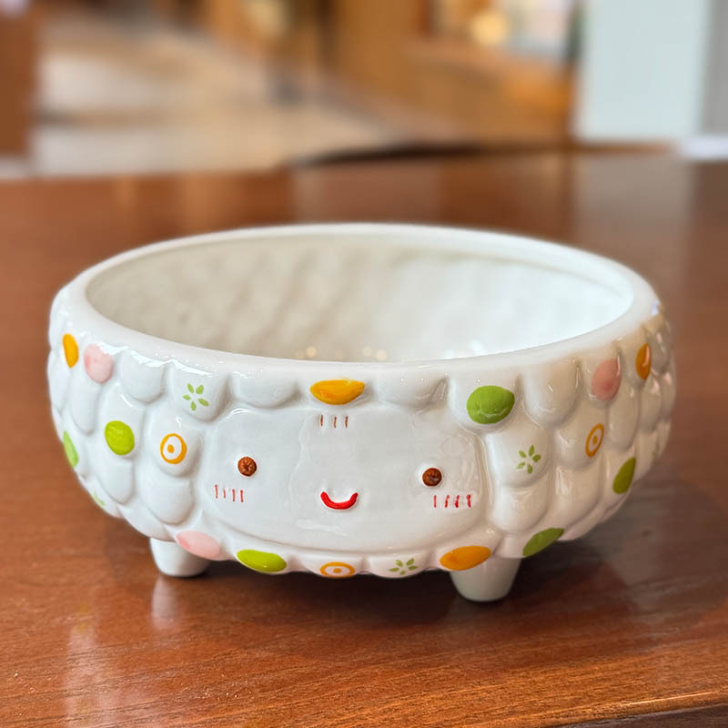 Aranyos bárány motívumú magas porcelán etető- és itatál macskáknak és kutyáknak