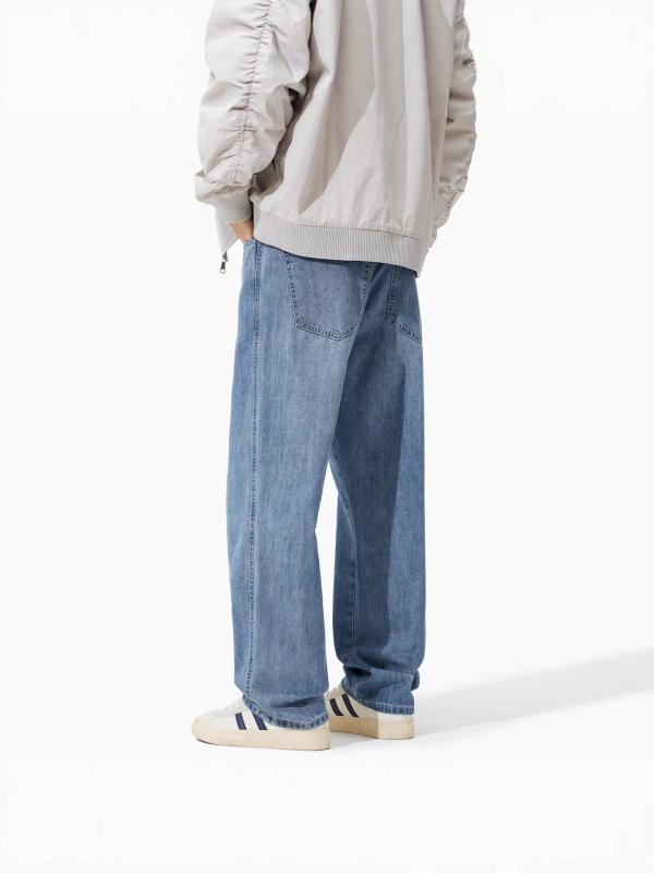 Férfi kék denim farmernadrág, laza szabású, egyenes és széles szárú, nagy méretek, mosott