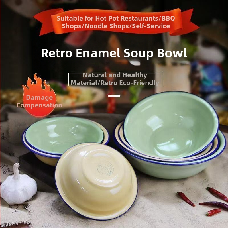 Ρετρό μπολ σμάλτου με πυκνωμένο κυματοειδές χείλος, μεγάλο μπολ φαγητού από σμάλτο για οικιακή χρήση