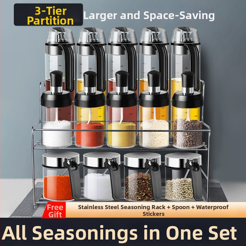 Σετ γυάλινης αποθήκευσης μπαχαρικών με αλατιέρες και φιάλες λαδιού και ξιδιού – σετ αποθήκευσης κουζίνας