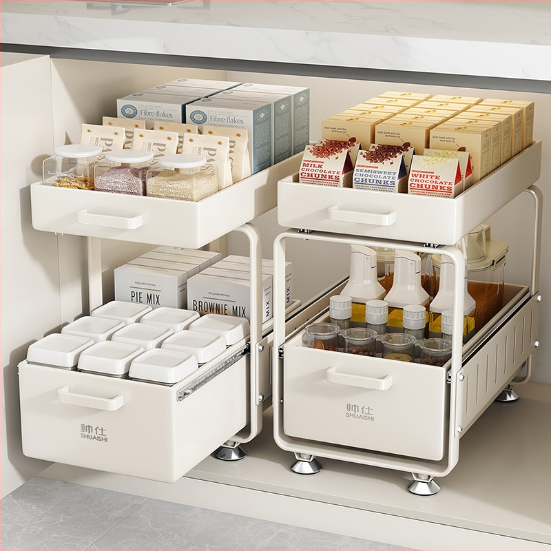 Νέα πολυεπίπεδη ραφιέρα κάτω από τον νεροχύτη με εξωλκούμενο μηχανισμό για αποθήκευση μπαχαρικών, βάζων, μπολ και πιάτων