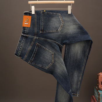 Ανδρικά μπλε τζινς σε εφαρμογή slim-fit με ίσιο κόψιμο, μοντέρνο κορεάτικο στυλ, ελαστικά καθημερινά παντελόνια για την άνοιξη