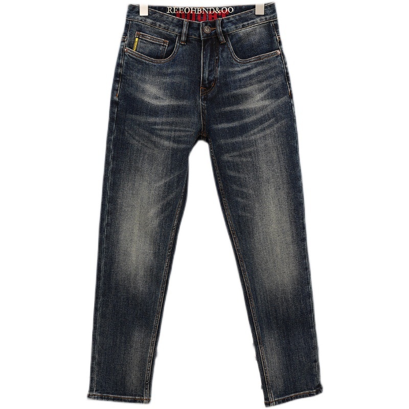 Ανδρικά μπλε τζινς σε εφαρμογή slim-fit με ίσιο κόψιμο, μοντέρνο κορεάτικο στυλ, ελαστικά καθημερινά παντελόνια για την άνοιξη