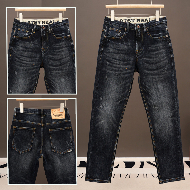 Ανδρικά μπλε τζινς σε εφαρμογή slim-fit με ίσιο κόψιμο, μοντέρνο κορεάτικο στυλ, ελαστικά καθημερινά παντελόνια για την άνοιξη