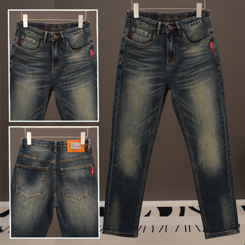Ανδρικά μπλε τζινς σε εφαρμογή slim-fit με ίσιο κόψιμο, μοντέρνο κορεάτικο στυλ, ελαστικά καθημερινά παντελόνια για την άνοιξη