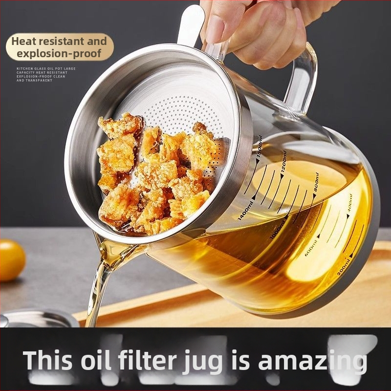 Γυάλινο δοχείο φιλτραρίσματος λαδιού με καπάκι, ανθεκτικό στις διαρροές, φίλτρο υπολειμμάτων λαδιού, οικιακή κουζίνα