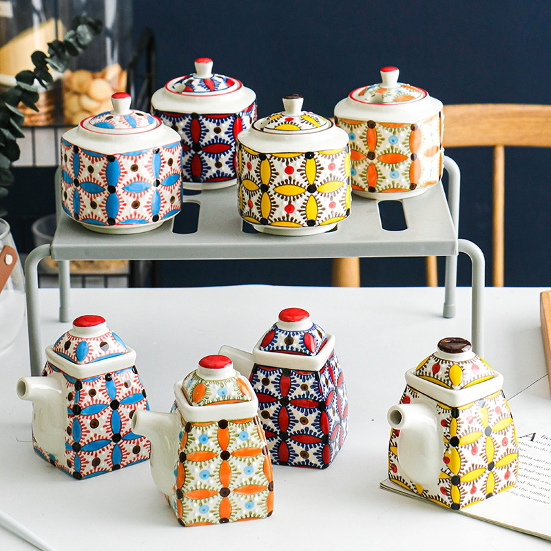 Σετ κεραμικών δοχείων μπαχαρικών κουζίνας σε Nordic στυλ, χειροποίητα ζωγραφισμένα – δοχείο αλατιού, δοχείο ελαίου τσίλι, δοχείο σαταϊ σος