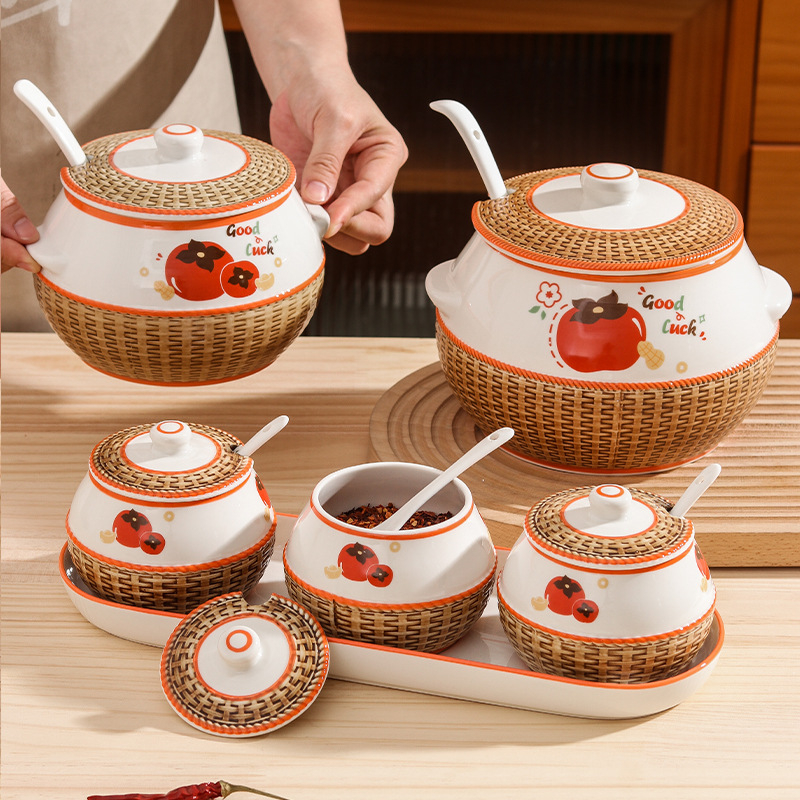 Κεραμικό βάζο με διπλά χερούλια για χοιρινό λίπος και λάδι τσίλι, βάζο καρυκευμάτων κουζίνας με καπάκι