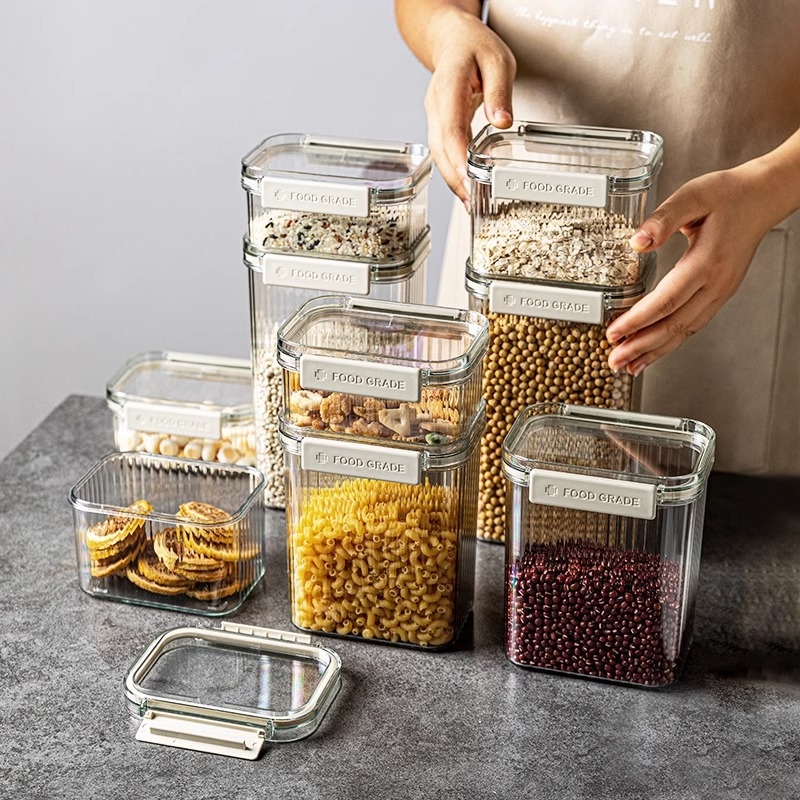 Δοχείο αποθήκευσης τροφίμων με κλείσιμο τύπου snap για δημητριακά και μπαχαρικά, τετράγωνος πλαστικός ανθεκτικός στην υγρασία, 1–2 L