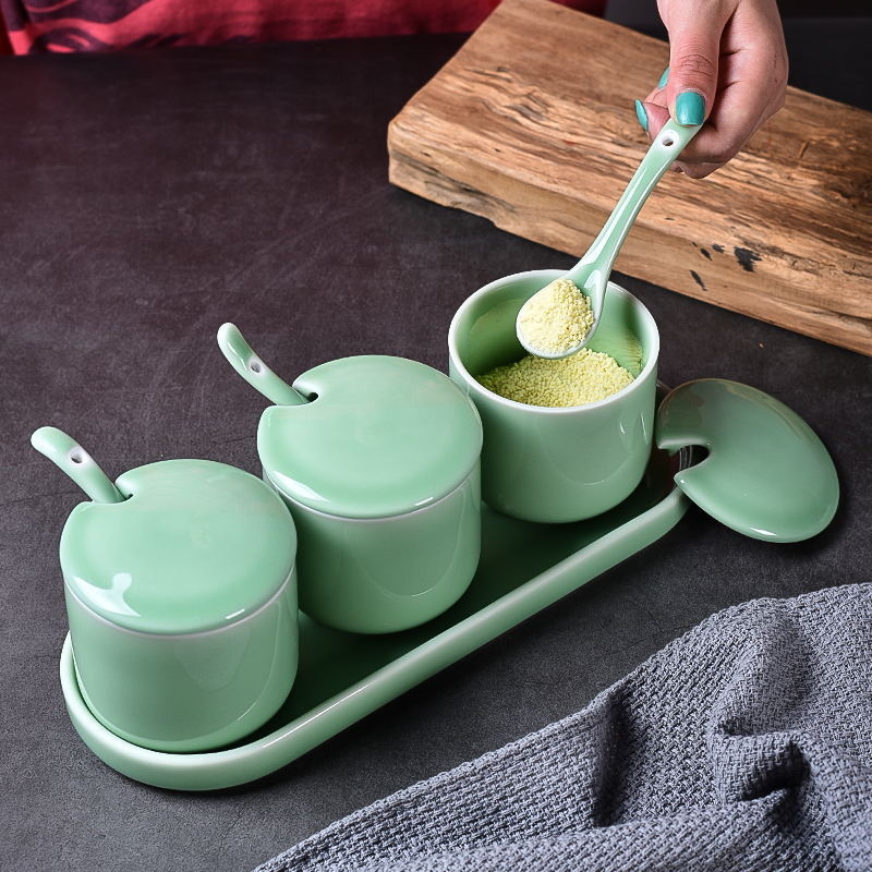 Τριμελές σετ κεραμικά δοχεία καρυκεύματος σε Celadon, με καπάκι και κουτάλι, για αλάτι, MSG και λευκή ζάχαρη