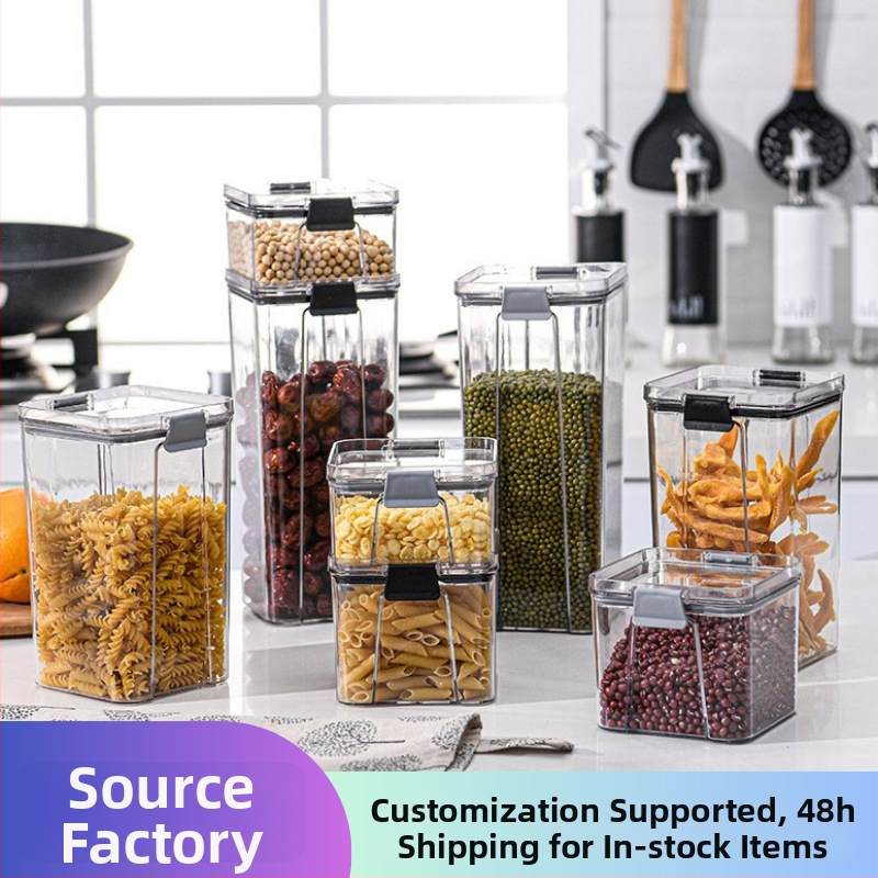 Τετράγωνο δοχείο αποθήκευσης δημητριακών από PET, διαφανές με καπάκι, για κουζίνα
