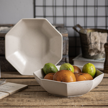 Masszív, kreatív nyolcszögletű porcelán tál, egyszínű japán stílusú kerámia, nagy méretű leves- és gyümölcs tál, háztartási étkészlet