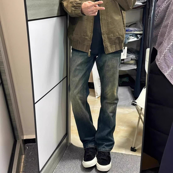 Férfi denim farmernadrág retro mosással, lazán szabott, egyenes szárú, mindennapi viseletre