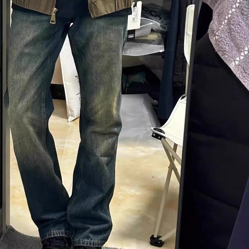 Férfi denim farmernadrág retro mosással, lazán szabott, egyenes szárú, mindennapi viseletre