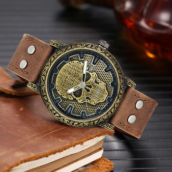KSENRUI Férfi vintage karóra naptárral, quartz, bőrszíj, bronz tónusú koponya mintával