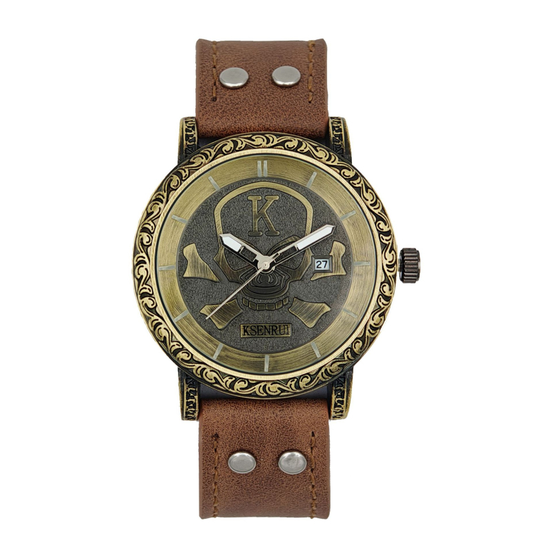KSENRUI Férfi vintage karóra naptárral, quartz, bőrszíj, bronz tónusú koponya mintával